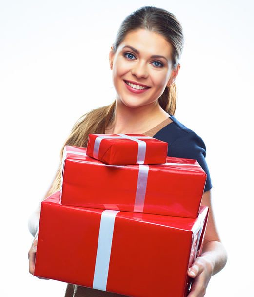 Smiling woman hold red gifts - Foto, Imagem