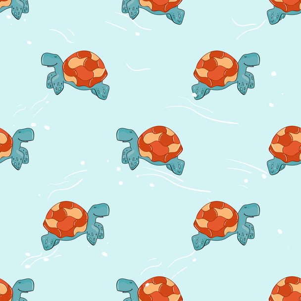 Żółw bezszwowy wzór Cute Cartoon zwierząt tło Ręcznie rysowane projekt w stylu dziecko, używać do tkaniny, tkaniny, nadruku, tapety. Ilustracja wektora. płaskie - Wektor, obraz