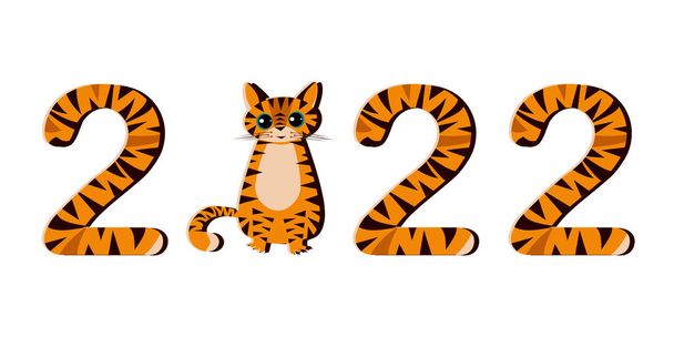 Funny symbol of Happy Chinese New Year 2022. Cartoon tiger and striped numbers isolated on white background. Simple flat illustration style.  - Foto, Imagen