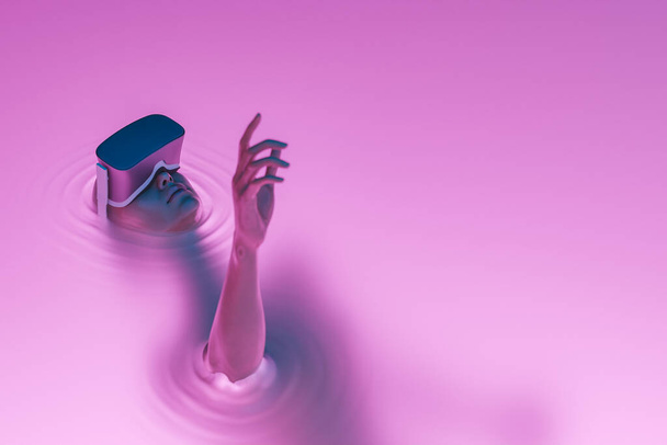 surrealistic scene of a girl with VR glasses immersed in liquid with neon lighting. metaverse concept, nft, creative art and technology. 3d rendering - Photo, Image