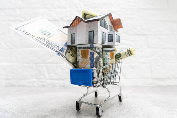 Ev ve para alışveriş arabasında, emlak alıp satma. Emlak yatırımı ve ev kredisi finansal konsepti, metin için alan kopyala. - Fotoğraf, Görsel