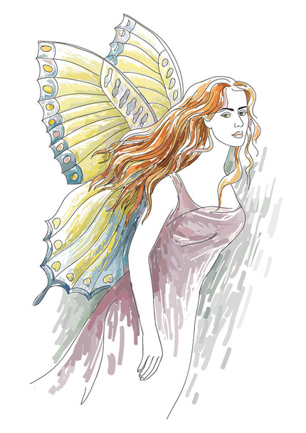 Fantasy Butterfly Fairy. Hand drawing vector illustration. - Вектор, зображення