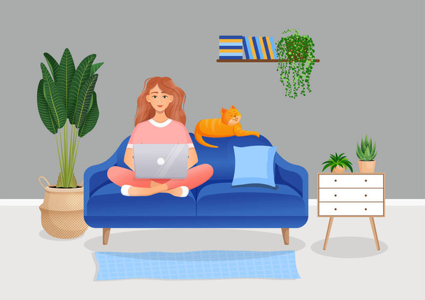 La mujer se sienta en el sofá en una habitación con un ordenador portátil con su gato. Ilustración vectorial plana de freelance, trabajo en casa, trabajo, oficina, educación. Trabajo remoto y comunicación en redes sociales. - Vector, imagen