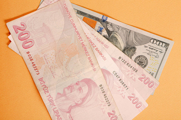 Turkish lira banknotes and US Dollars - Фото, изображение