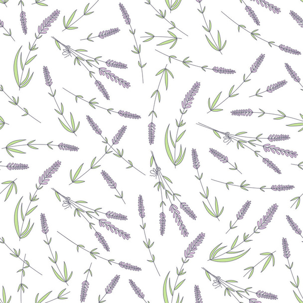 Lavender flowers and branches on a white background seamless pattern. Vector illustration for wallpaper, website background and landing page, fabric and paper print. - Vector, Image
