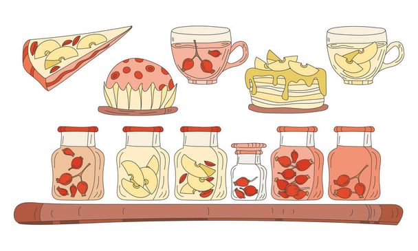 Frascos con mermelada de bayas y manzanas, pasteles y pasteles, set de ilustración de vectores de té de hierbas. Colección de pegatinas de cocina dulce horneado casero y preservación. - Vector, imagen