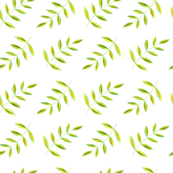 Seamless watercolor floral pattern - green leaves and branches composition on white background - Fotografie, Obrázek