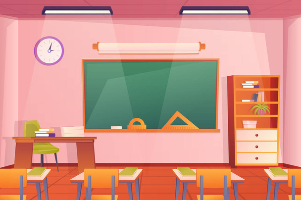 School classroom interior concept in flat cartoon design. Room and furniture wallpaper. Class with pupils desks, chairs, teachers desk, chalkboard, bookcase and decor. Illustration background - Foto, Imagem