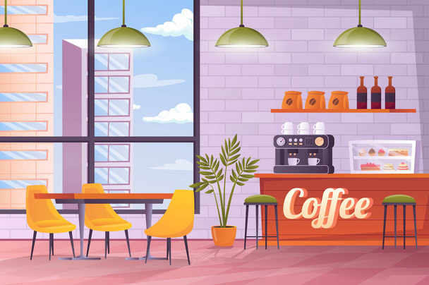 Koffie winkel interieur concept in platte cartoon ontwerp. Kamer met toonbank, koffiezetapparaat, plank, vitrine met desserts, tafel met stoelen, raam met uitzicht op wolkenkrabbers. Illustratieachtergrond - Foto, afbeelding