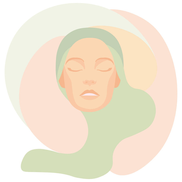 Abstract illustration, elegant face of a young woman in a headdress and abstract shapes. Pastel colors. Design for greeting card, poster, March 8 - Vector, Image