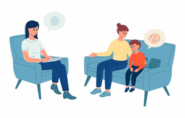 Mother and little son in the office of a child psychologist. Family consultation. Psychologist and professional support concept. Vector illustration - Vector, Image