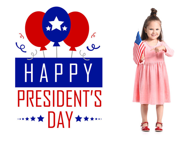 Greeting card for Happy President's Day with little girl holding USA flag - Zdjęcie, obraz