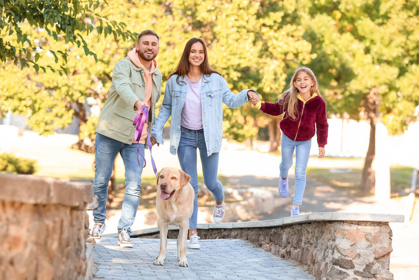 Happy family with Labrador dog walking outdoors - Фото, зображення