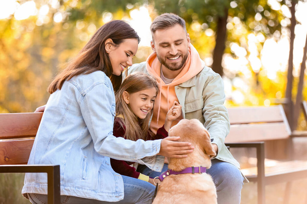 Happy family with funny Labrador dog sitting on bench in park - Foto, Bild