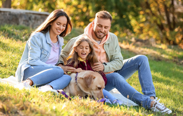Ευτυχισμένη οικογένεια με Λαμπραντόρ σκυλί κάθεται σε καρό στο πάρκο - Φωτογραφία, εικόνα