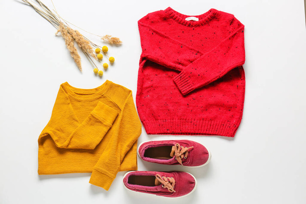 Stylish children's sweaters, shoes and dry flowers on white background - Zdjęcie, obraz