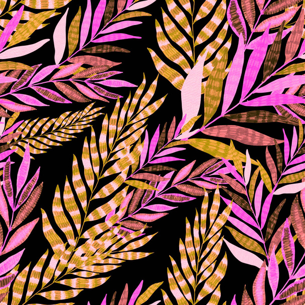 創造的なカラフルな熱帯の葉と現代抽象的なシームレスパターン。レトロな明るい夏の背景。ジャングルの葉のイラスト。水着植物デザイン。ヴィンテージエキゾチックな｜print. - 写真・画像