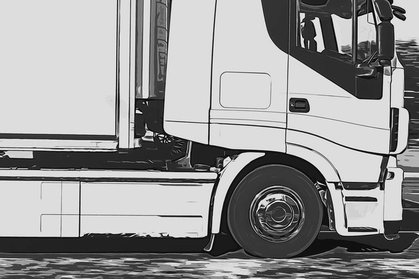 Close-up of a white truck with semi-trailer. Illustration. - Zdjęcie, obraz