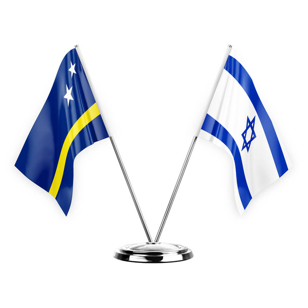 Two table flags isolated on white background 3d illustration, curacao and israel - Foto, afbeelding