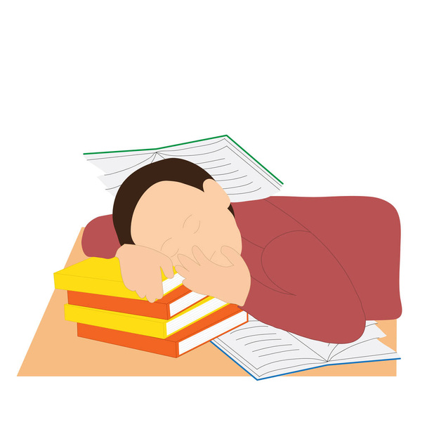 Ένα παιδί αποκοιμιέται ενώ σπουδάζει στο γραφείο. Επίπεδο διάνυσμα σχεδιασμού - Διάνυσμα, εικόνα