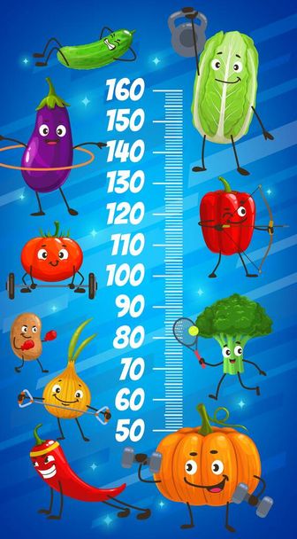 Kids height chart. Cartoon vegetables on fitness and sport, vector growth meter ruler with cabbage in gym, pumpkin training with barbells, potato and broccoli, cucumber, eggplant, tomato and onion - Vecteur, image