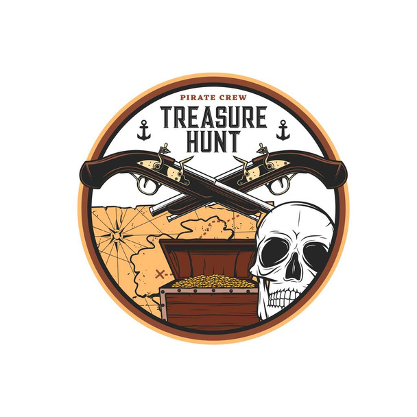 Pirate treasure hunting icon, vector emblem with chest full of golden coins, skull, crossed guns, old map and anchors. Isolated nautical label for adventure discovery club with loot and dead head - Vector, Image