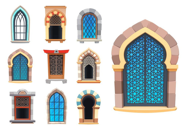 Cartoon interior windows of castle, temple and fortress. Vector palace exterior european, asian and arabic window casement. Architecture medieval or antique facade interior element - Vektor, Bild