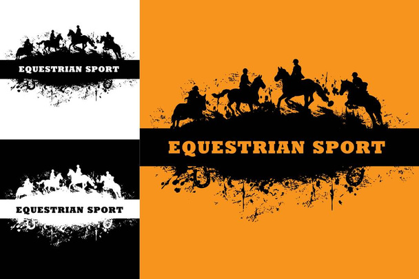 Horse racing and riding, grunge equestrian sport banners, vector. Jockey polo club emblem or equine steeplechase races tournament silhouette of horses trotters and riders on hippodrome - Vettoriali, immagini