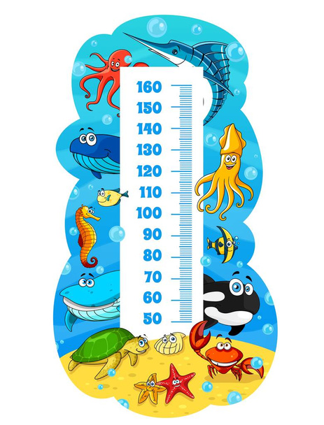 Kids height chart, cartoon sea animals growth measure meter ruler. Cute vector underwater whale, fish and octopus, squid, crab or shell, turtle, sea horse, marlin. Wall sticker with scale for children - Vecteur, image