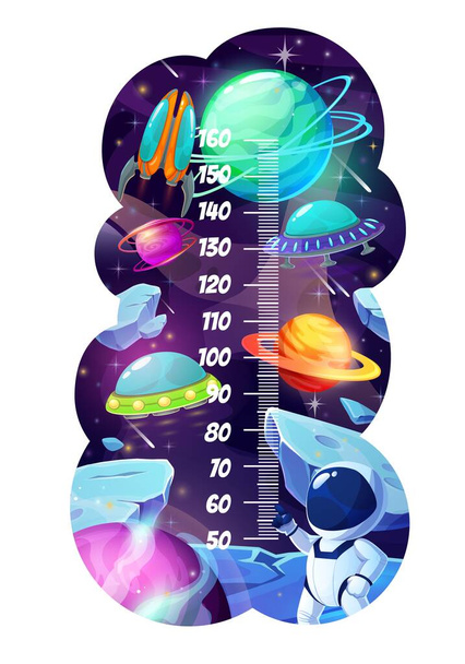 Kids height chart with astronaut and galaxy planets. Growth meter with cartoon space, spaceship, UFO flying saucer and spaceman, stars and meteors, children growth measuring wall vector sticker - Vektor, kép