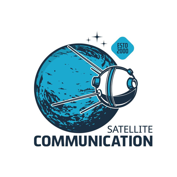 Telecommunication satellite icon. Vector galaxy universe Earth planet, stars and orbital artificial satellite with antennas. Space communication, radio and internet technologies isolated icon - Wektor, obraz
