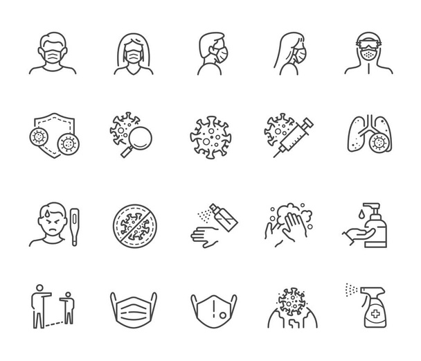 Conjunto de iconos de la línea de protección Coronavirus Covid 19 aislados en blanco. Elementos de símbolo de calidad para toda la medicina sanitaria y diseño de medios pandémicos. - Vector, Imagen