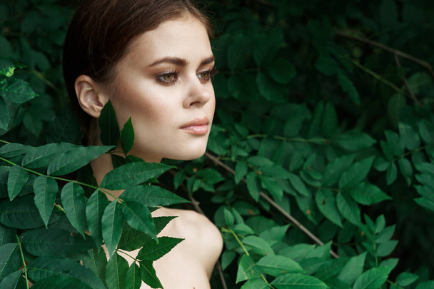 attractive woman green leaves clean skin nature summer close-up - Foto, imagen