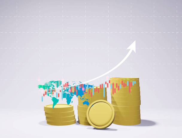 Abstract stacked coins showing investment growth in global trading markets. Isolated white background with graph lines progress report and foreign currency exchange rates 3D rendering. - Foto, Imagen