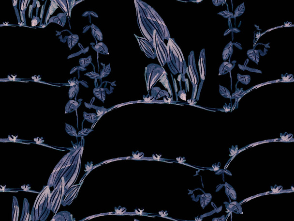 Basit Tropikal Temiz Kusursuz Düzen. Mavi ve İndigo Naive Doodle Orman Tasarımı. Çiçek Yaratıcı Yaz Baskısı. Egzotik Mayo Yeşilliği. El Çizimi Hawaii Ormanı Çizimi. - Fotoğraf, Görsel