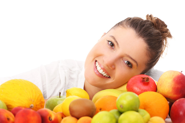 Mulher feliz e frutas
 - Foto, Imagem