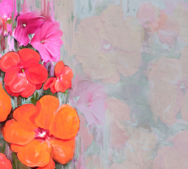 Cartão vintage floral com flores rosa e laranja estilizadas no fundo manchado grunge nebuloso
 - Foto, Imagem