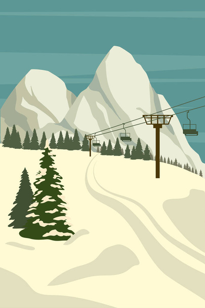 Vintage Mountain kış tatil köyü Alpleri ve bilim asansörü. Kar manzarası zirveleri, yamaçlar. Seyahat retro posteri - Vektör, Görsel