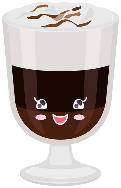 Adorable charming hot drink and whipped cream with positive emotion. Smiling kawaii cup of coffee - Vektor, obrázek