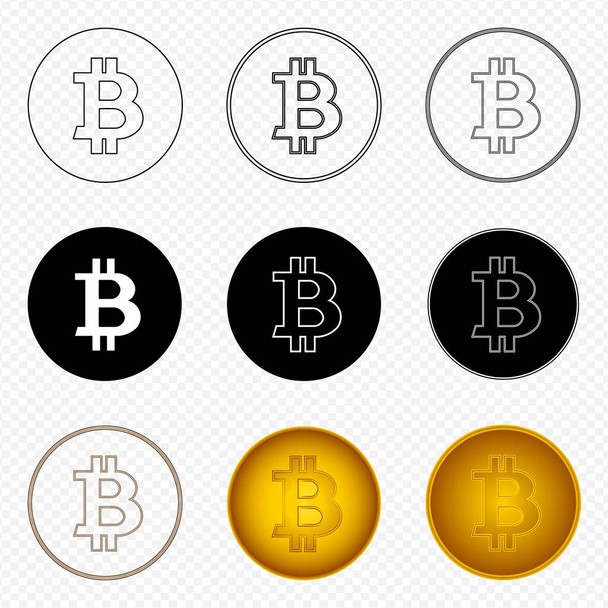 Bitcoin icon set. Cryptocurrency symbols logo. Digital currency. Flat design. Vector illustration graphic isolated on transparent background. - Vettoriali, immagini
