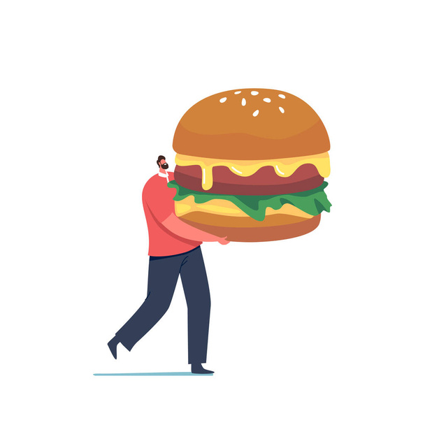 Maličký mužský charakter nést obrovský hamburger izolovaný na bílém pozadí. Muž těší rychlé občerstvení, nezdravé jídlo, rychlé občerstvení - Vektor, obrázek
