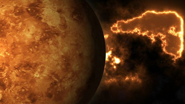 Superficie di Venere. Venere a rotazione a 360 gradi. Realistica resa 3D di Venere e stelle.    - Foto, immagini