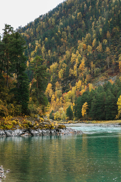 Mountain river surrounded by high rocks in Altai in autumn - Fotó, kép