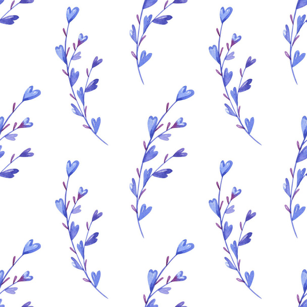 Watercolor floral seamless pattern with herbs of hearts. Lavender flowers on a white background. - Fotografie, Obrázek