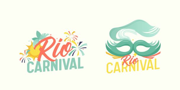 Rio Carnival Emblems with Mask and Fireworks, Isolated Festive Banners, Stickers or Labels for Brazilian Holiday - Vektor, kép