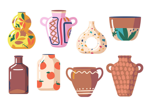 Ensemble de vases en céramique, objets en céramique de couleur, collection de tasses de poterie anciennes et modernes avec des motifs abstraits - Vecteur, image