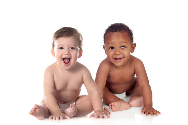 Έννοια της παιδικής ηλικίας. Χαριτωμένα μωρά σε λευκό φόντο  - Φωτογραφία, εικόνα