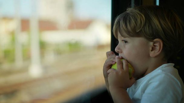 Мальчик ест яблочную закуску во время езды на поезде глядя в окно - Фото, изображение