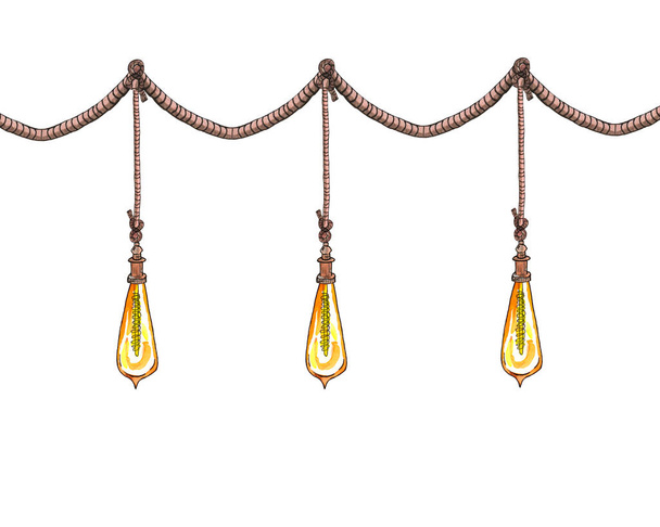 Watercolor illustration. Edison lamps, loft style in the form of a drop , vintage on a rope. - Fotó, kép