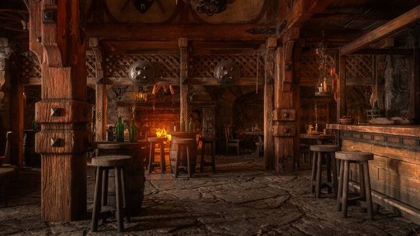 Moody medieval tavern inn bar interior lit by daylight through a window with shield decorations and burning fire in the background. 3D rendering.  - Фото, изображение